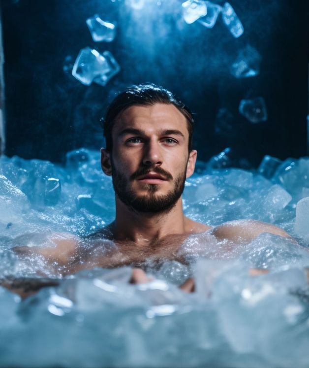 A handsome young man is swimming in a tub with ice cubes. Health, water therapy, tempering concepts
